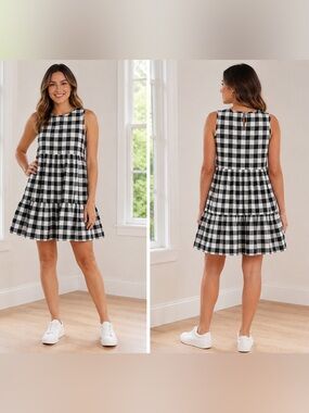 This & That Black and White Buffalo Plaid/Gingham Tiered Sleeveless Mini - NWT